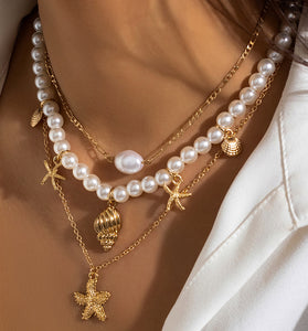 Layered Pearl and Gold Charm Necklace