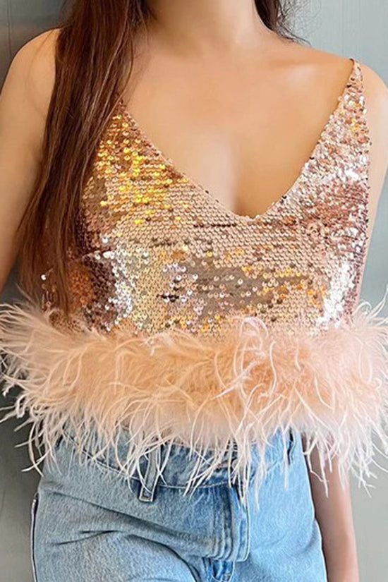 Sparkling Sequin Feather Trim Tank