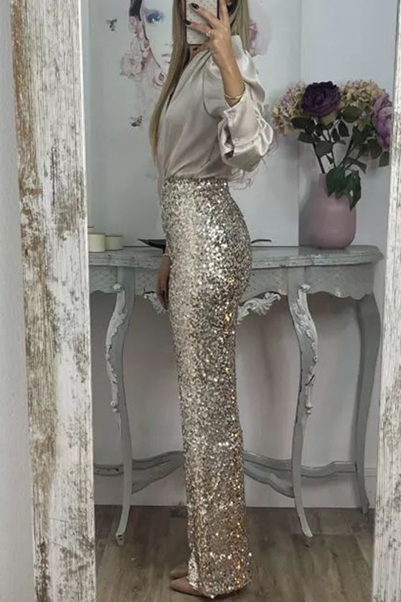 Sparkling Sequin High-Waist Casual Pants