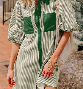 Stripe Button Down Puff Sleeve Mini Dress