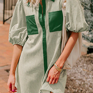 Stripe Button Down Puff Sleeve Mini Dress