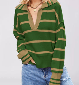 Striped Deep V-Neck Sweater