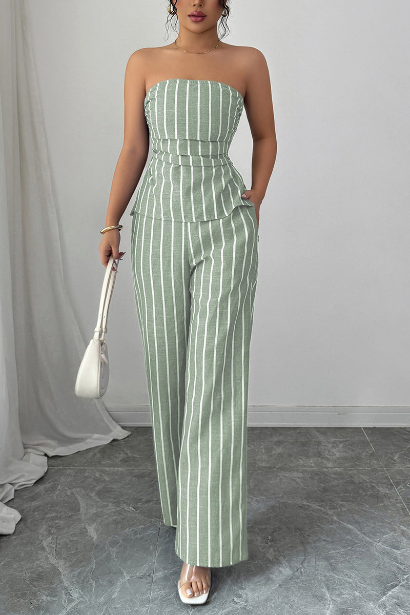 Striped Strapless High-Waisted Pants Set