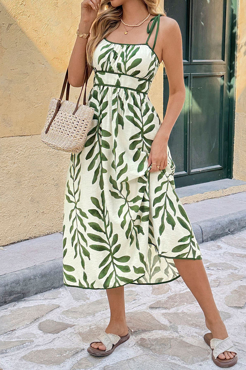 Leaf Print Sleeveless Casual Dress
