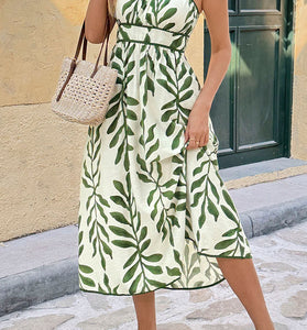 Leaf Print Sleeveless Casual Dress