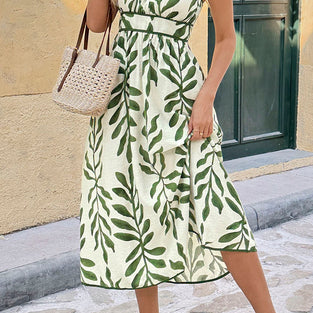 Leaf Print Sleeveless Casual Dress