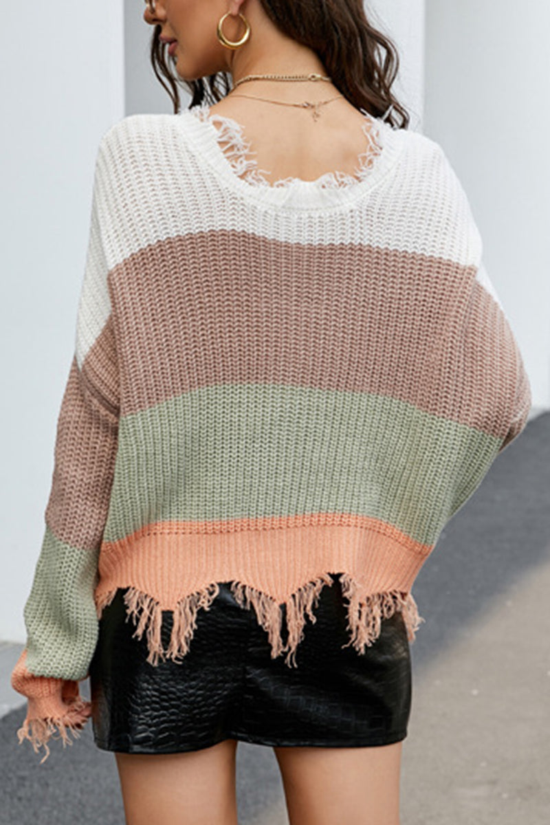 Distressed V-Neck Color Block Sweater