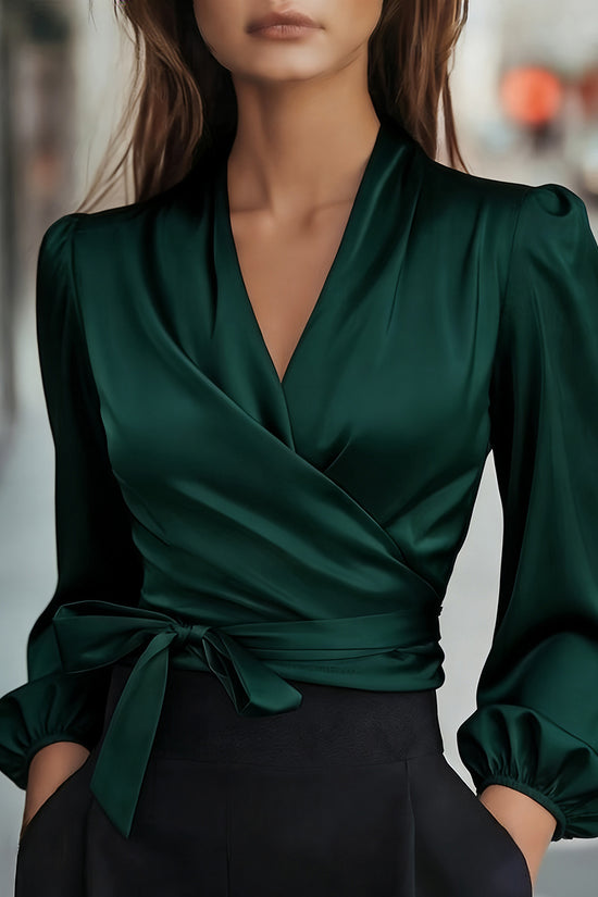 Sleek Wrap Blouse with Puff Sleeves