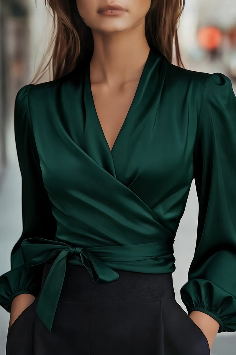 Sleek Wrap Blouse with Puff Sleeves