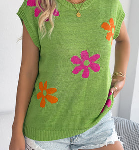 Floral Knit Sleeveless Sweater Vest