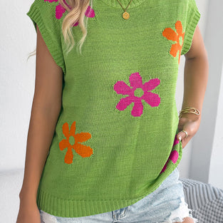 Floral Knit Sleeveless Sweater Vest