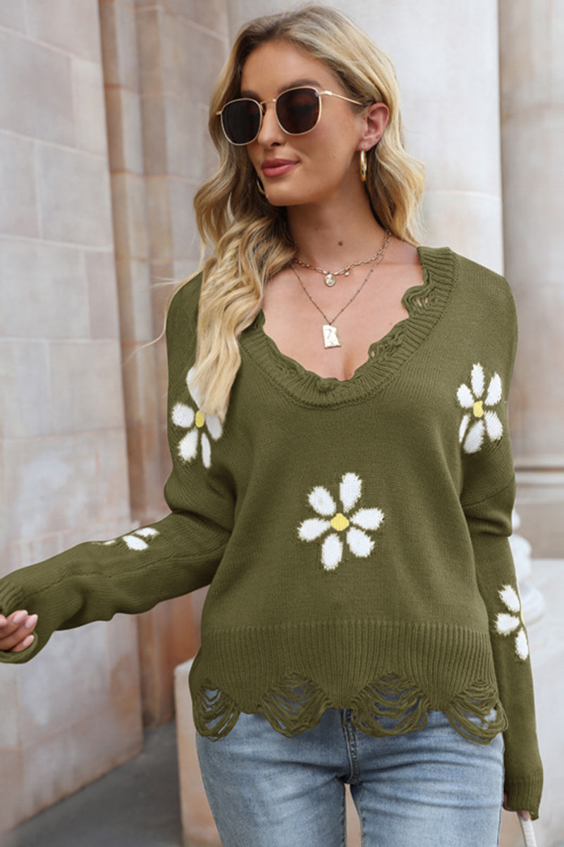 Off-Shoulder Floral Knit Sweater