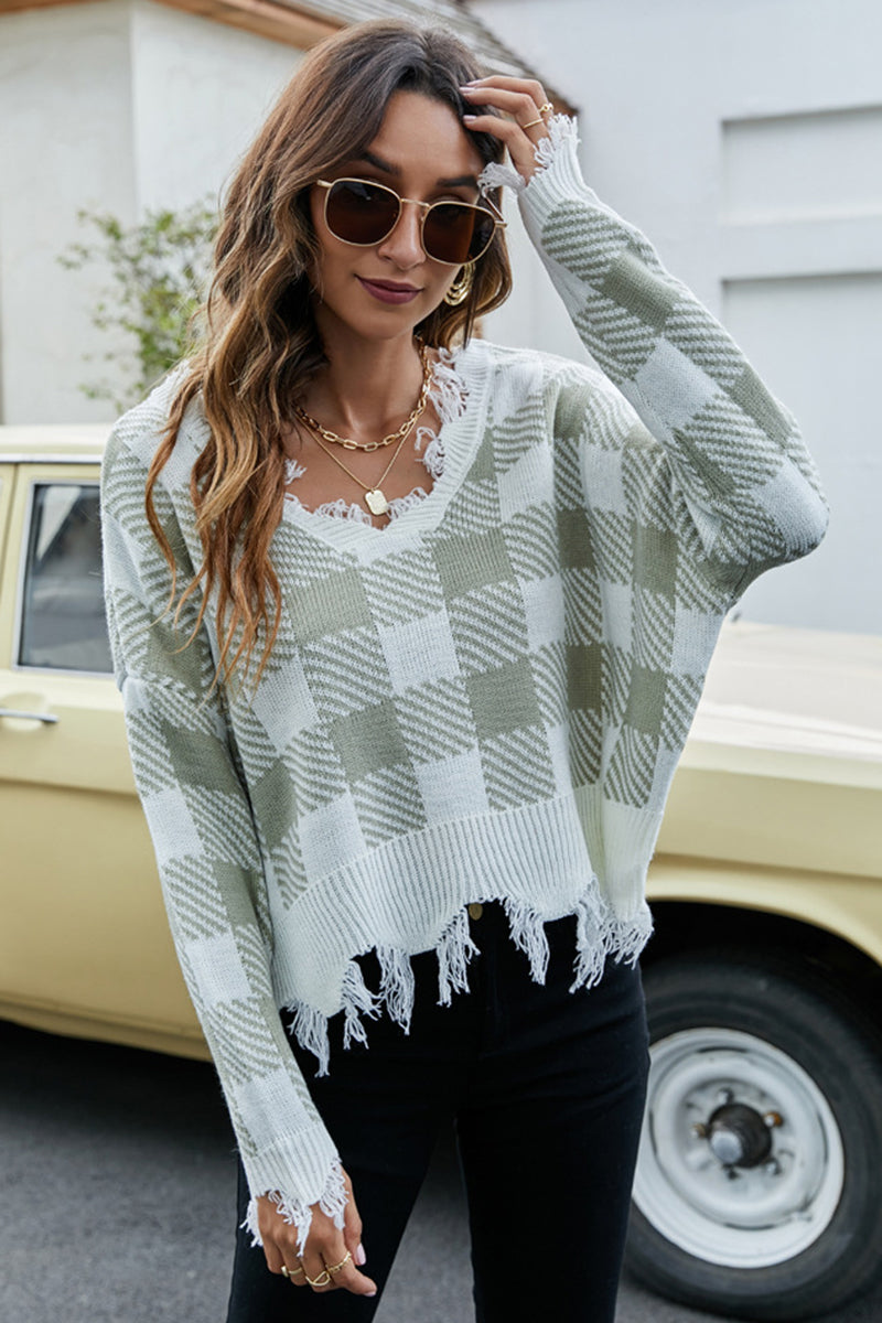 Distressed Plaid V-Neck Sweater