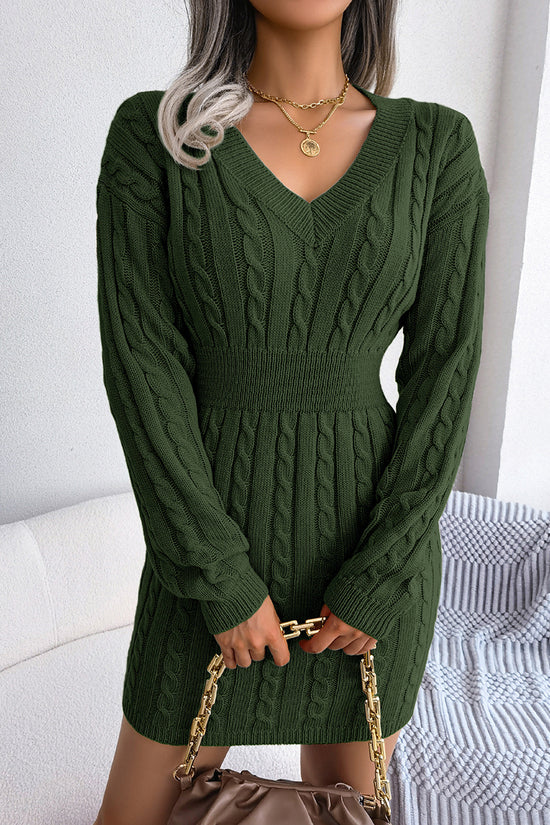 Cable Knit V-Neck Casual Sweater Dress
