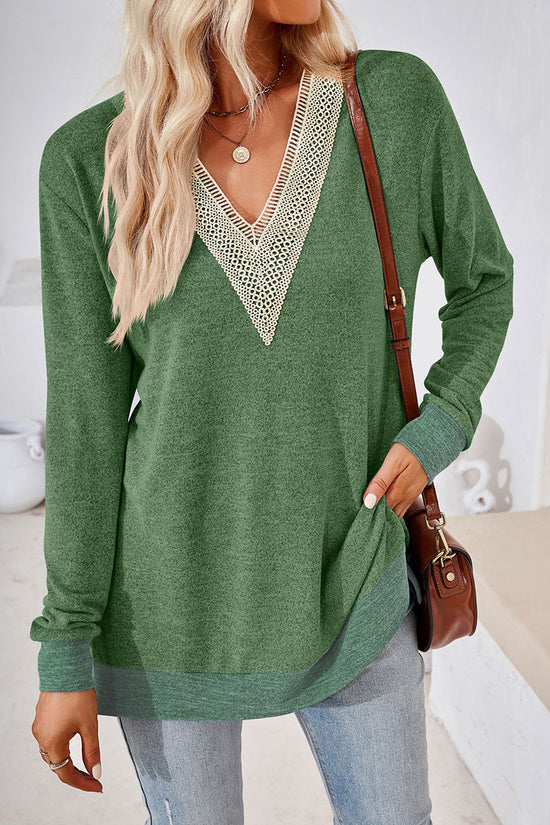 V-Neck Crochet Trim Long Sleeve Top