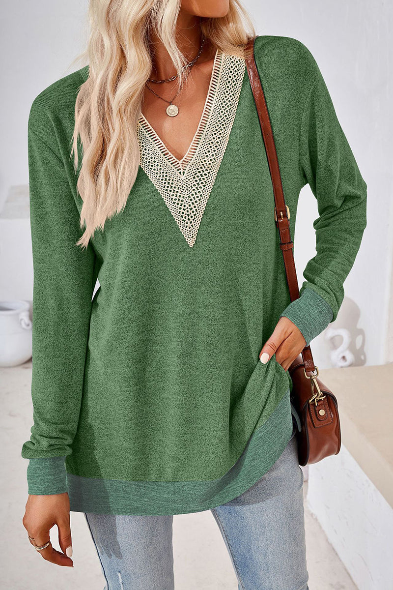 V-Neck Crochet Trim Long Sleeve Top
