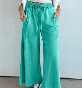 Sea Green Mineral Wash Drawstring Elastic Waist Raw Hem Loose Pants