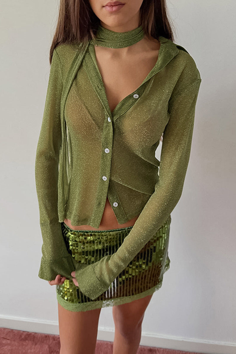 Shimmering Sheer Button-Up Blouse