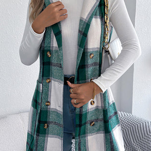 Plaid Double-Breasted Longline Vest
