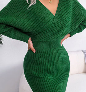 Ribbed Knit V-Neck Bodycon Dress