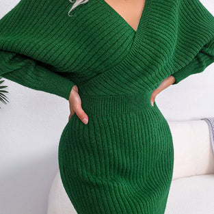 Ribbed Knit V-Neck Bodycon Dress