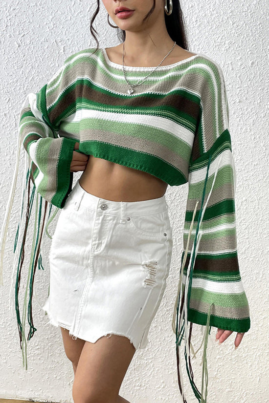 Striped Crop Sweater with Fringe Details