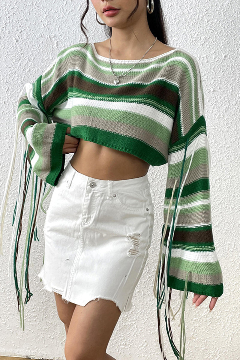 Striped Crop Sweater with Fringe Details