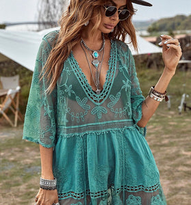 Boho Floral Crochet Cover-Up Dress