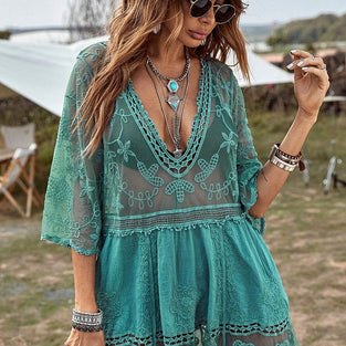 Boho Floral Crochet Cover-Up Dress