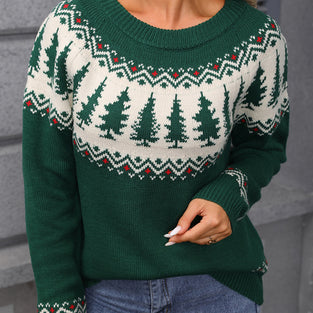 Festive Tree Pattern Crewneck Sweater