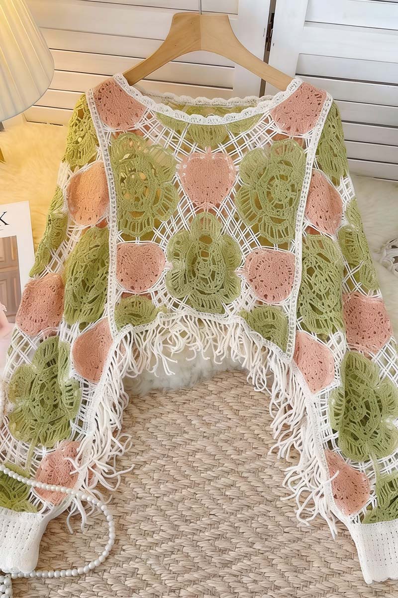 Crochet Floral Fringe Knit Top