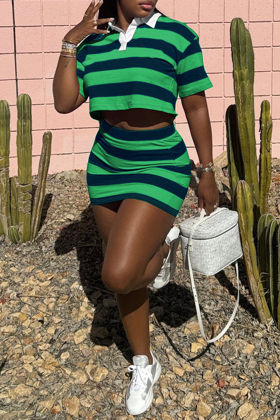 Striped Polo Crop Top and Skirt Set