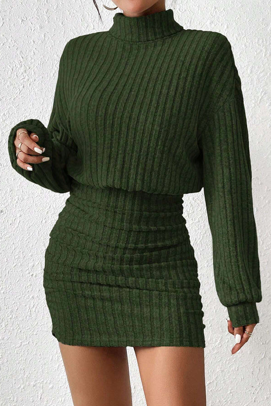 Ribbed Knit Turtleneck Casual Dress