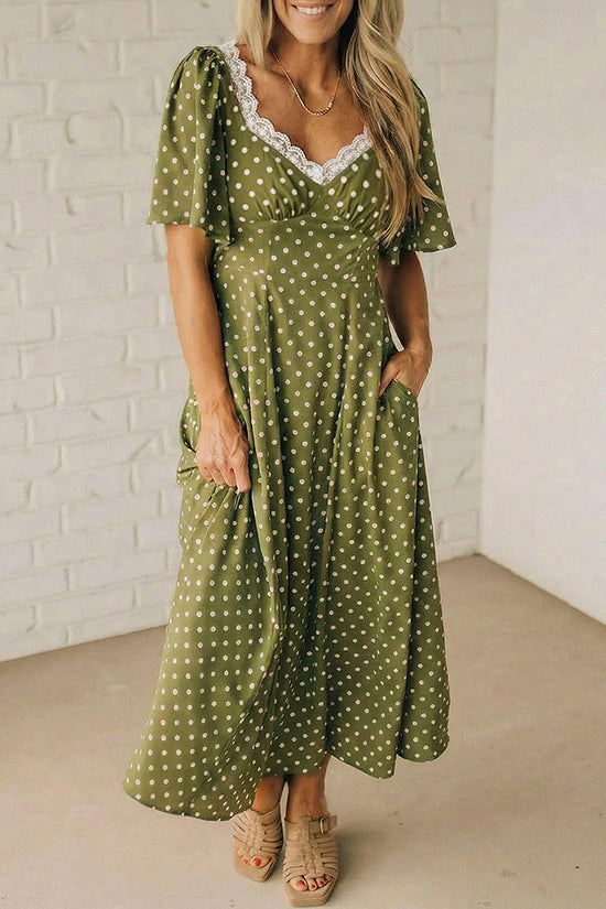 Polka Dot Lacy Neck Smocked Maxi Dress