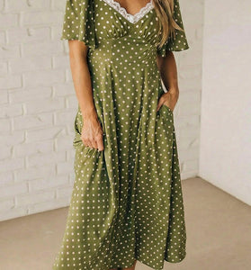 Polka Dot Lacy Neck Smocked Maxi Dress