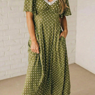 Polka Dot Lacy Neck Smocked Maxi Dress
