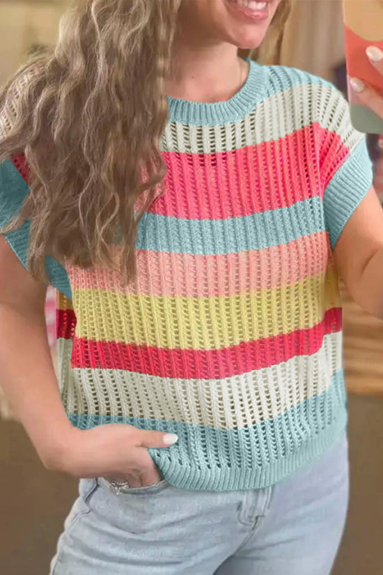 Striped Hollow-Out Knit Short Sleeve Sweater