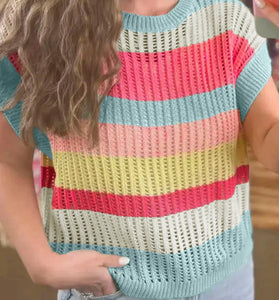 Striped Hollow-Out Knit Short Sleeve Sweater