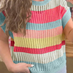 Striped Hollow-Out Knit Short Sleeve Sweater