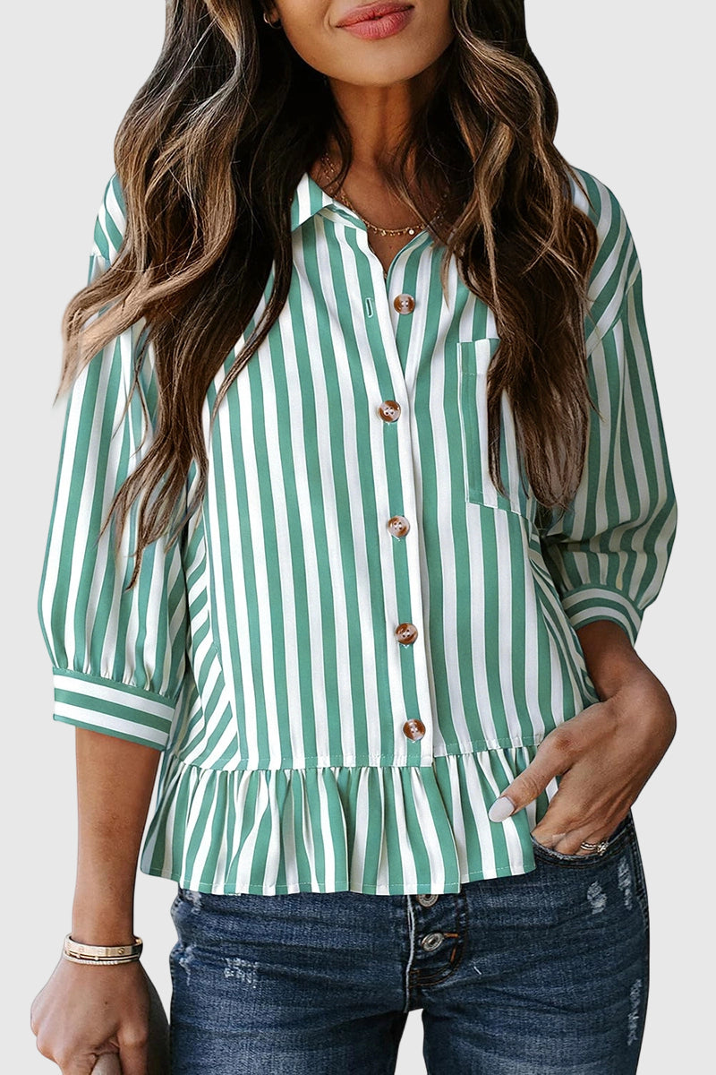 Striped Ruffle Hem Button-Up Blouse