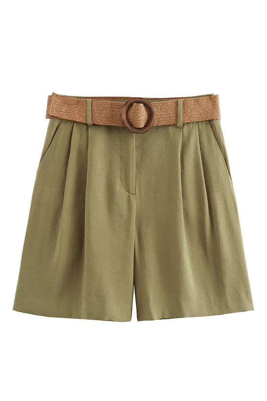Pleated Casual Shorts with Woven Belt