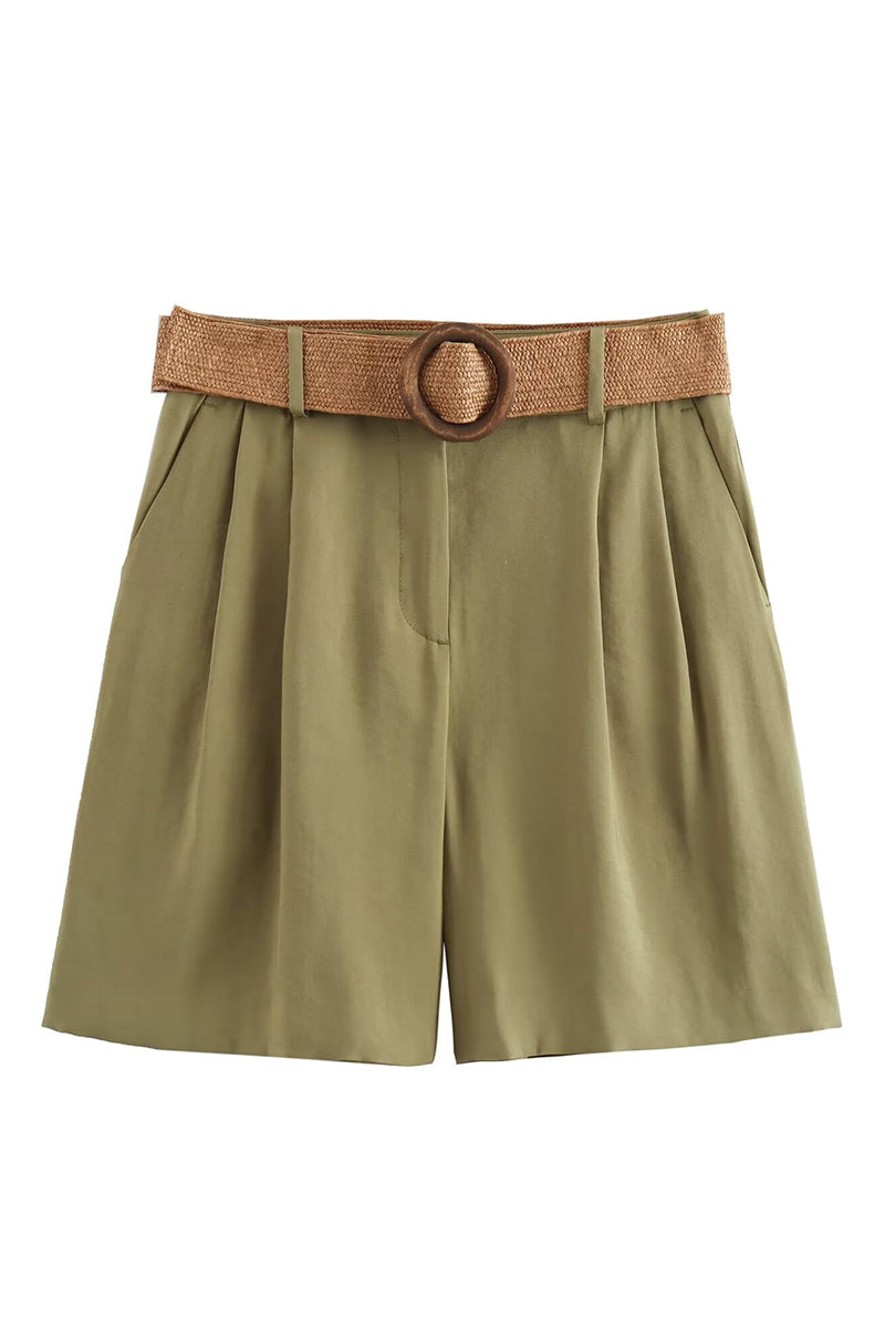 Pleated Casual Shorts with Woven Belt