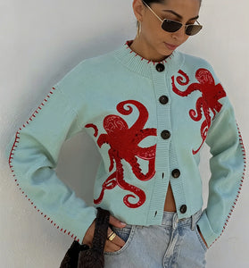 Octopus Embellished Button-Up Cardigan
