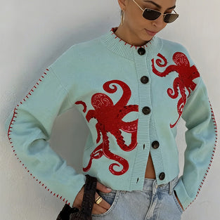 Octopus Embellished Button-Up Cardigan