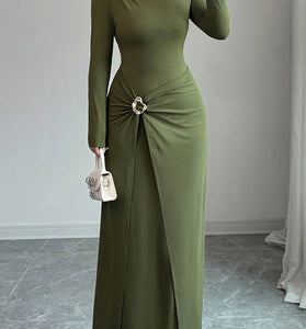 Elegant Long-Sleeve Ruched Maxi Dress