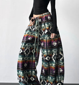 Tribal Pattern Wide-Leg Casual Pants