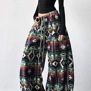 Tribal Pattern Wide-Leg Casual Pants