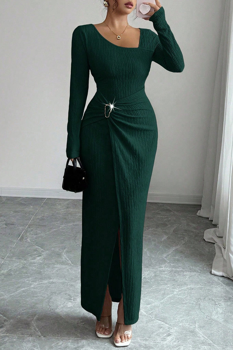 Asymmetric Ruched Long Sleeve Bodycon Dress
