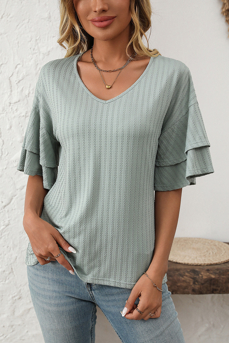 Ruffle Sleeve V-Neck T-Shirt