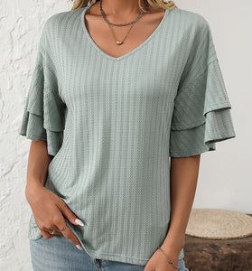 Ruffle Sleeve V-Neck T-Shirt